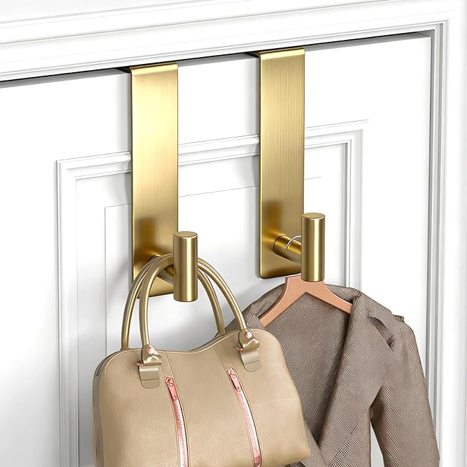 PMMASTO 2-Pack Over The Door Hooks - Rustproof Stainless Steel Door Hangers for 1-3/4 Inch Doors, Non-Marking and Tool-Free Easy Install (Gold, T Shape-Fits 1-3/4" Thick Door)