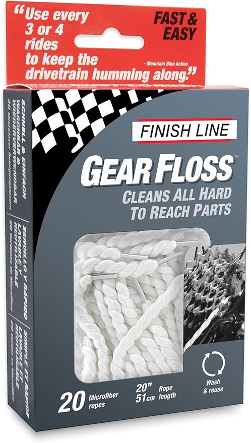 Finish Line Gear Floss Microfiber Cleaning Rope – Bicycle Detailing Tool for Cassettes, Chain Rings, Derailleur Pulleys, Hubs, Spindles, Brakes, and Bottom Brackets, Washable and Tear-Resistant