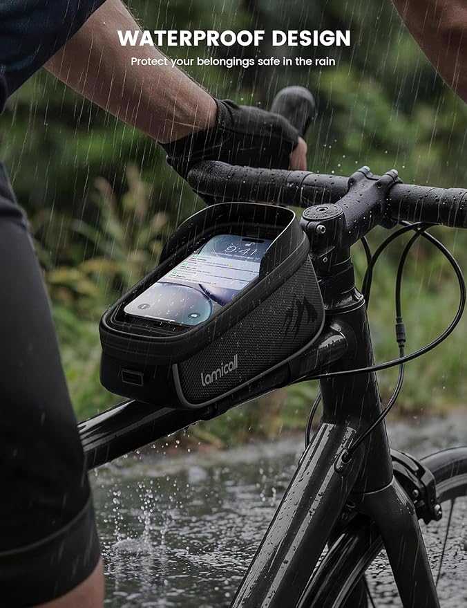 Lamicall Bike Frame Bag Waterproof - [1.6L Large Capacity] Bike Phone Bag, Bike Phone Holder Mount, Bicycle Front Bag, Cycling Pouch with Rain Cover, Bike Accessories for Phones Under 7"