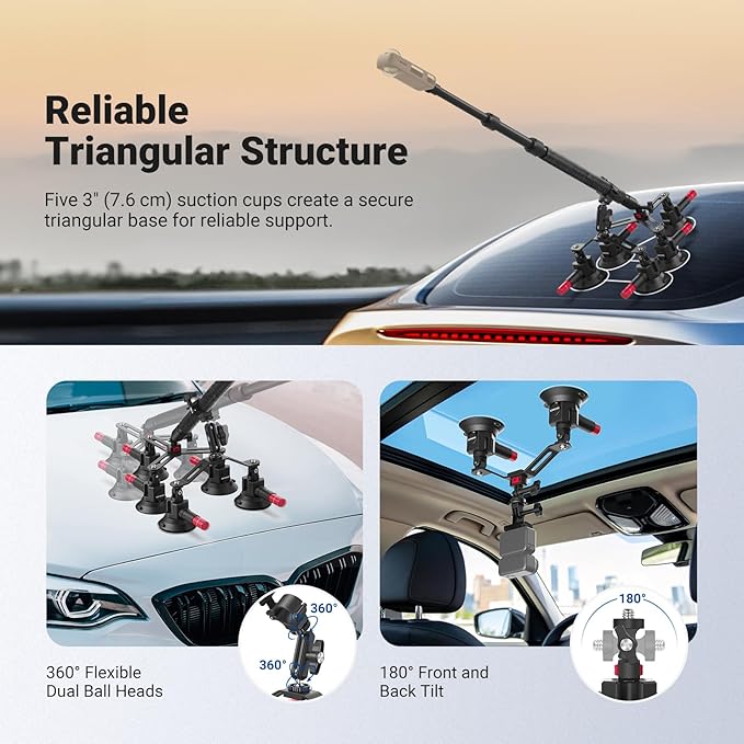 NEEWER 5 in 1 Suction Car Mount Kit Compatible with Insta 360 X5 X4 X3 Insta360 X2 GoPro Max DJI OSMO 360 Action Camera Accessories, Quick Release with Invisible Selfie Stick for Windshield, CA075