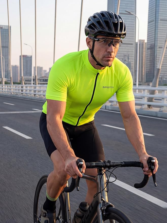 Spotti Men's Cycling Bike Jersey Short Sleeve with 3 Rear Pockets- Moisture Wicking, Breathable, Quick Dry Biking Shirt