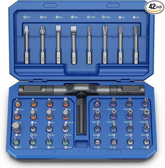 Bomivoi 42 in 1 Magnetic Screwdriver Set, DIY Ratchet Screwdriver Set, Multi Bit Magnetic Drive Set with Detachable Ratchet Handle, Portable Compact Repair Tool Kit for Furniture Computer Bicycle Blue