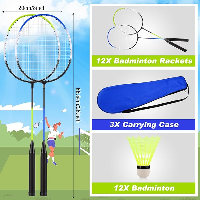 12 Pack Badminton Rackets Set Including Badminton Racquets, Nylon Shuttlecocks and Carry Bag for Outdoor Backyard Games Beginners
