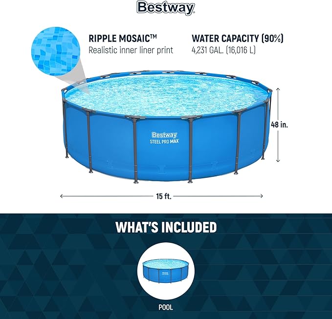 Bestway Steel Pro MAX 15’ x 48" Above Ground Pool, Round Metal Frame Outdoor Swimming Pool for Backyard, Blue, Pool ONLY