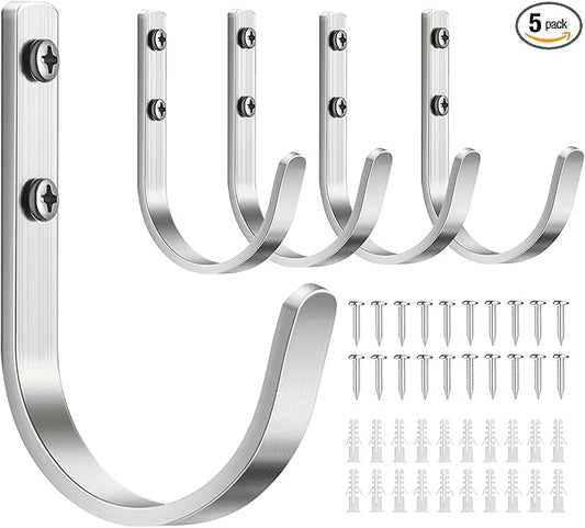 Aluminum Wall Hooks for Hanging Towel/Coat - 22LB Screw in Metal Hanger Wall Mount, for Outdoor, Closet, Door, Bathrooms, for Backpack, Robe, Silver 5 Pack