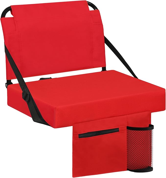 Stadium Seats for Bleachers with Back Support Bleacher Seat Soft Cushion Light Weight Includes Shoulder Strap & Cup Holder, Front & Back Zipper Pocket, Suitable for Sports Events,Red