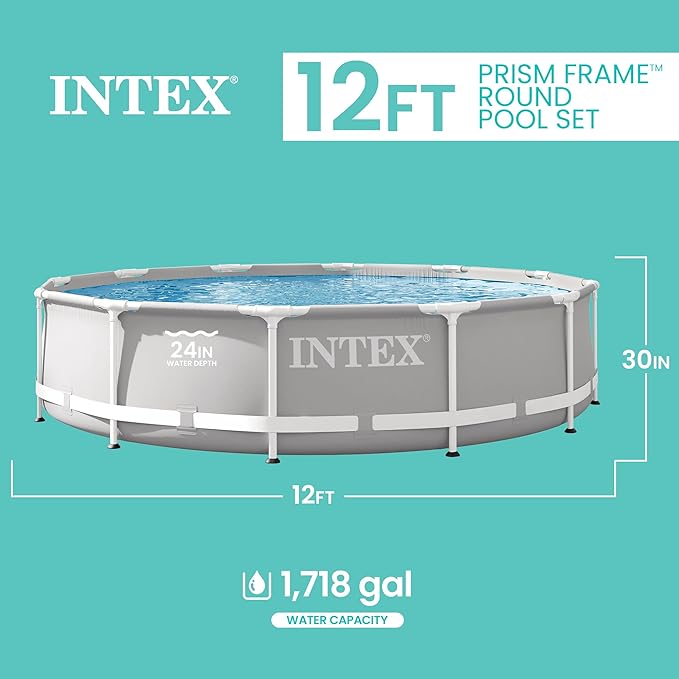 Intex 26711EH Prism Frame Premium Above Ground Swimming Pool Set: 12ft x 30in – Includes 530 GPH Cartridge Filter Pump – SuperTough Puncture Resistant – Rust Resistant – 1718 Gallon Capacity