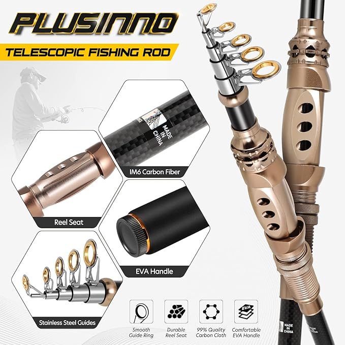 PLUSINNO 釣り竿とリールコンボ カーボンファイバー伸縮式釣り竿とリールコンボ 海水・淡水用キット 釣り竿キット