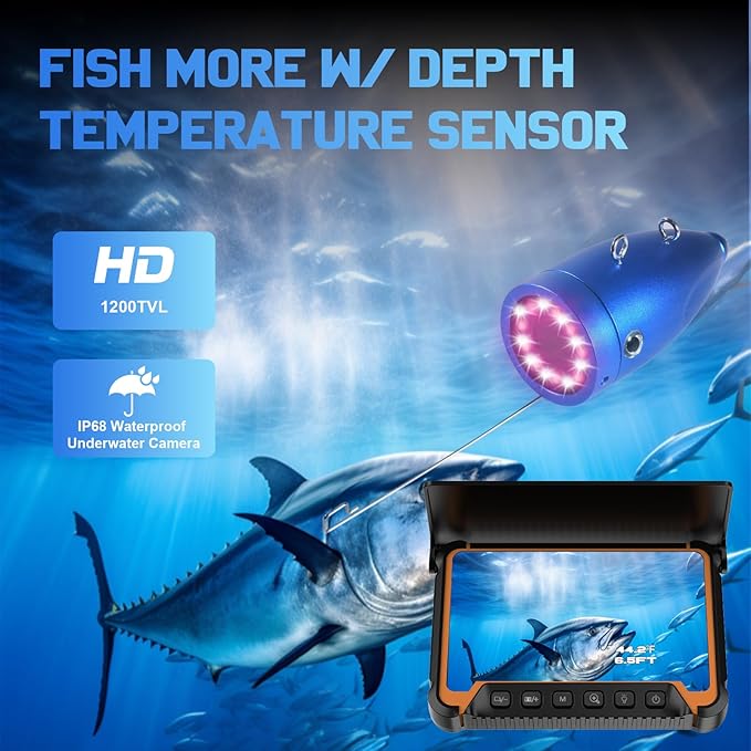 水深温度センサー付き水中釣りカメラ、7インチHD魚群探知機カメラ100ftロングケーブルIR LEDナイトビジョン広角レンズラインカメラ カヤック湖ボート氷釣りポータブル魚群探知機