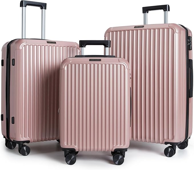 LIGHT FLIGHTスーツケースセット、耐久性のあるハードシェル3点セット、スピナーホイール付き、TSAロック付き軽量ハードサイドスーツケースセット、大型旅行用スーツケースセット（20インチ24インチ28インチ）、ルージュダスト