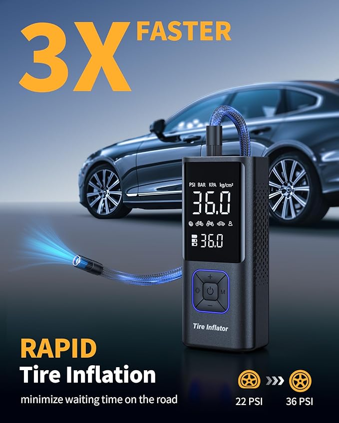 Powools Cordless Tire Inflator 150PSI Portable Air Compressor with Auto Shutoff, Air Pump for Car Tires, Motorcycle, Bike, Balls, Inflatables, LED Light, Blue, Large Capacity