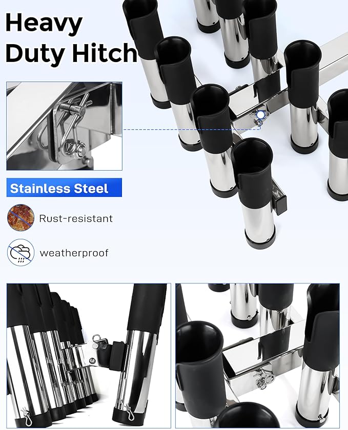 Adjustable Fishing Rod Holder for Truck 2" Hitch Receivers – Holds 6-10 Rods, 3 Angles, Quick Release, Anti-Shake Elastic Straps, Stainless Steel Fishing Pole Holder for Truck
