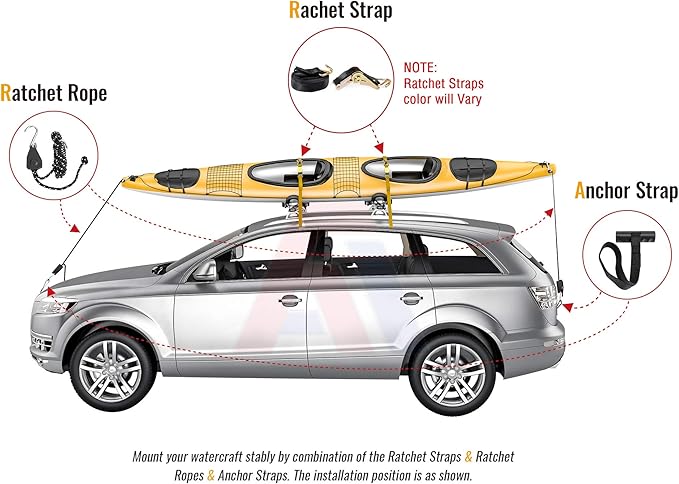 J-Bar Rack Roof Top Mount with 16 Ft Ratchet Lashing Straps, Folding Carrier for Your Canoe, SUP and Kayaks on SUV Car Truck