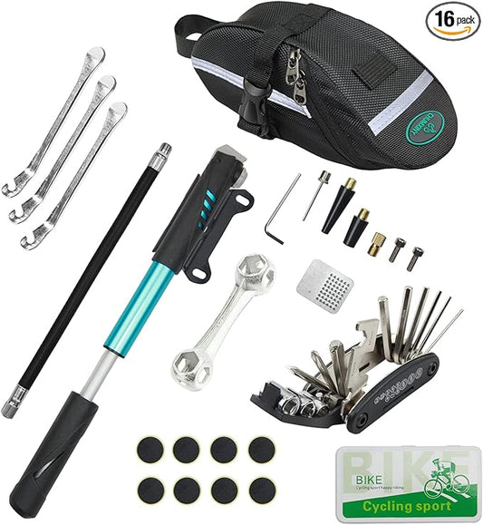 Chumxiny Bike Repair Kit Contains 16-in-1 Tool, 120Psi Mini Bicycle Pump, Tire Patch, Used for Mountain/Road Bike.(Blue)