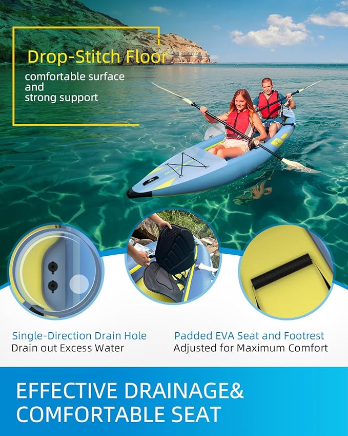OCEANBROAD Inflatable Sit-in Kayak(NO HIN), 1 Person/2 Person Blow Up Kayak for Adults with Paddle, Kayak Seat, Pedal, Hand Pump and Bag, Blue/Sky Blue