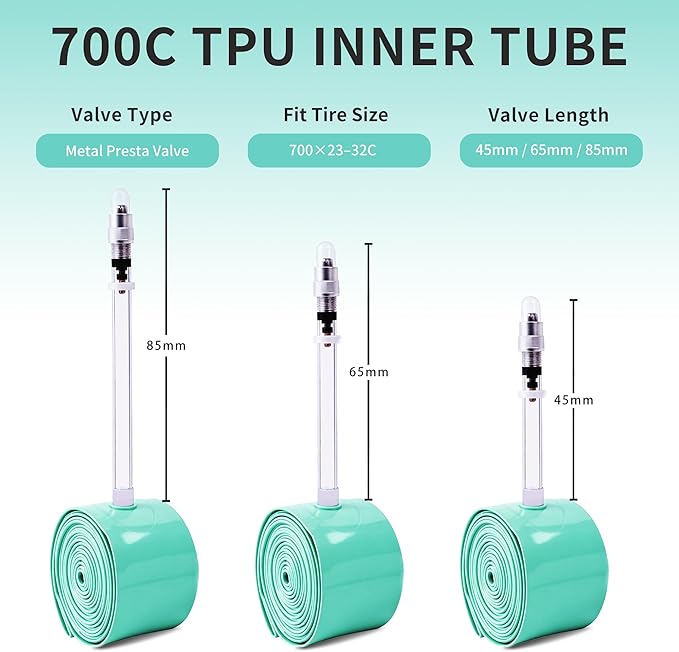 Heavy TPU 700x28C (Fits 23–32C) Road Bike Inner Tube, Thicker Puncture-Resistant, Presta Pressure Indicator Valve, 2 Tire Levers