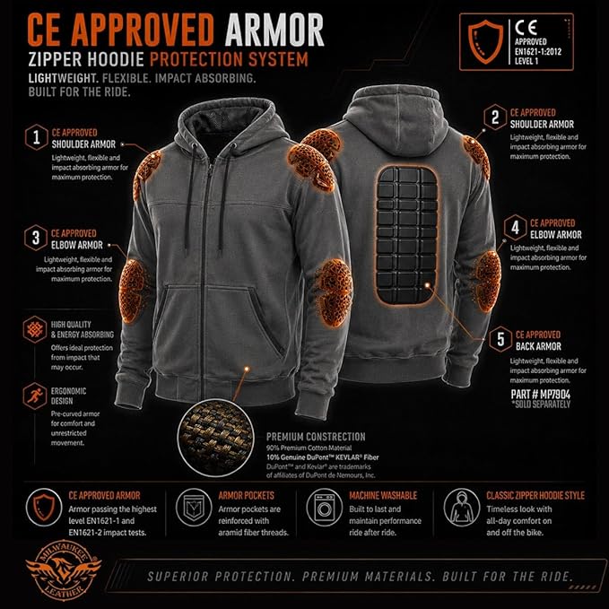 Milwaukee Leather Men's Streetguard Riding Hoodie - Aramid Reinforced with CE Shoulder and Elbow Armor - 5X-Large Black