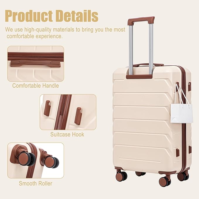28 Inch ABS Hard Shell Large Luggage With Combination Lock and Side Hooks, Beige