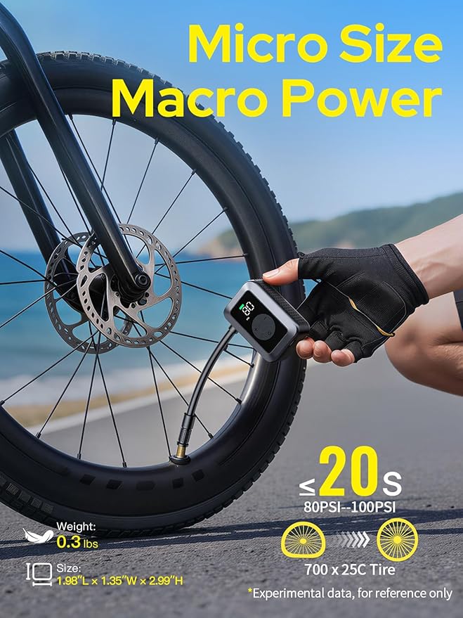 Mini Bike Tire Pump, 120PSI Portable Electric Bicycle Air Pump with Digital Gauge & Auto-Stop, 20s Faster Inflation for Road Bike, Mountain Bike, E-Bike – Presta/Schrader Valve Compatible