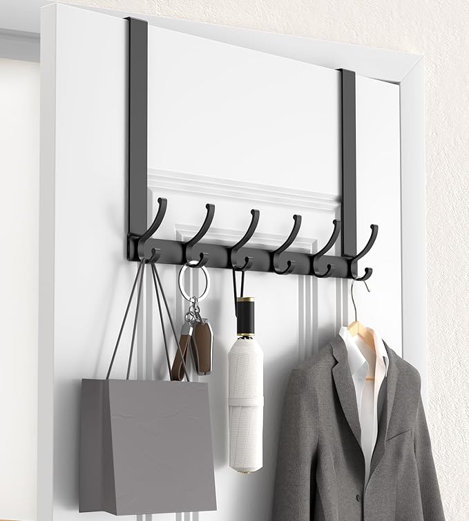 KitchLife Long Over The Door Hooks Hanger with 15.75 inches Extended Arms, Fits 1 3/8" Doors, F40U, 6 Double-Hanger Design Thickened Heavy Duty Bathroom Towel Rack Organization, Matte Black, 1 Pack