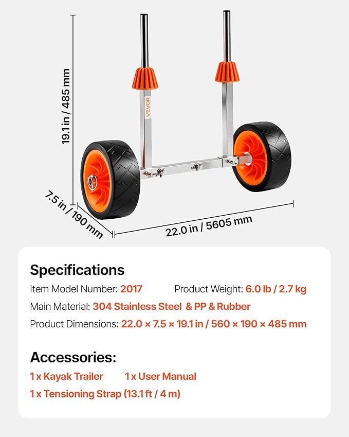 VEVOR Kayak Cart, 230/250lbs Canoe Cart Dolly with 7.5in/10in Solid Rubber Tires & Kickstand, Adjustable Width, Detachable Portable Watercraft Cart for Kayaks, Canoes, Paddle Boards