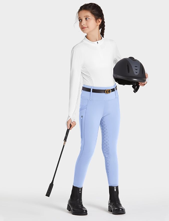 FitsT4 Sports Girls Riding Pants Full Seat High Waist Kids Equestrian Breeches Horse Schooling Tights Zipper Pockets