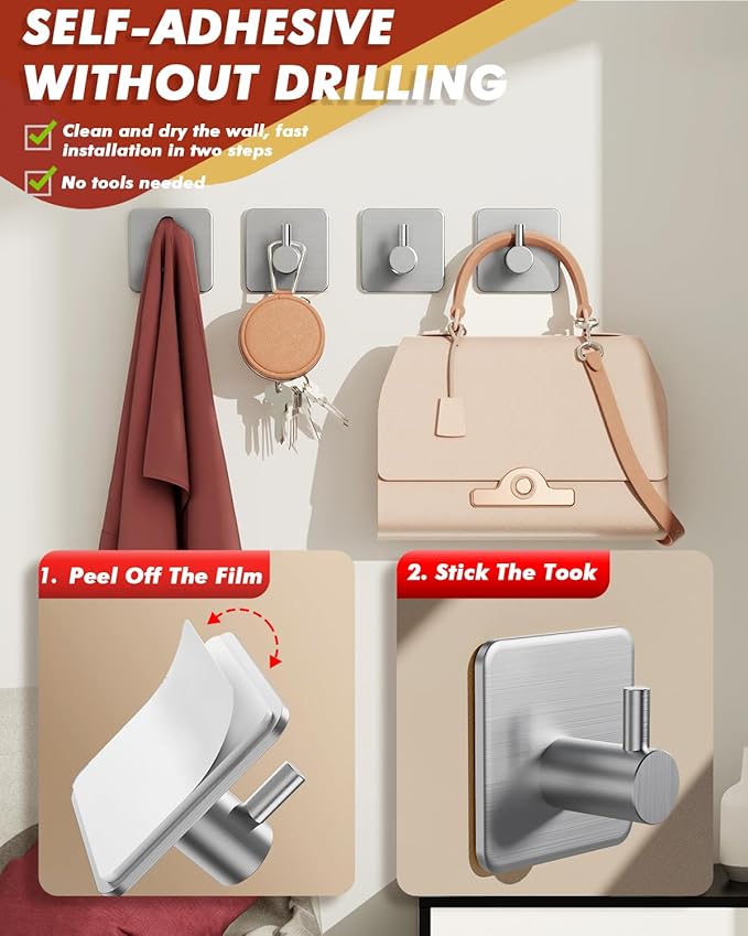 Auxmir Adhesive Hooks Heavy Duty 22lb(Max) Towel Hooks for Shower, 5 Pack Self Adhesive Damage Free Wall Hooks, Stainless Steel for Coat Robe, Waterproof Oilproof Rustproof for Bathroom Kitchen Office