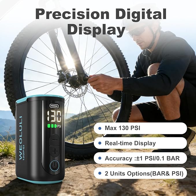 Bike Pump Electric, Mini Bicycle Pump 130 PSI Portable Cycling Pump with Digital Pressure Gauge & Auto Shut Off for Presta & Schrader Valves, Road MTB E-Bike