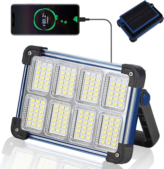 120W Solar Rechargeable Work Light, 144 LED Portable Flood Light with Stand, IP66 Waterproof 4 Modes LED Job Site Lighting Flashlights for Mechanic Camping Fishing Car Repair(Blue 1 Pack)