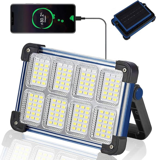 120W ソーラー充電式作業灯、144 LED ポータブル投光器スタンド付き、IP66防水 4モード LED 現場照明懐中電灯（整備士、キャンプ、釣り、自動車修理用） (青 1個)