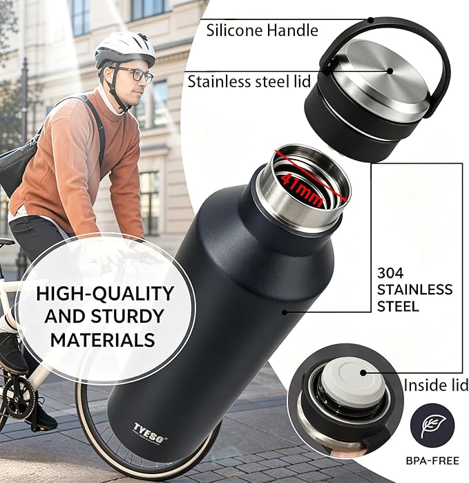 TYESO Stainless Steel Vacuum Insulated Water Bottle, Insulated Water Bottle with Soft Silicone Carry Handle (BLACK, 25 OZ)