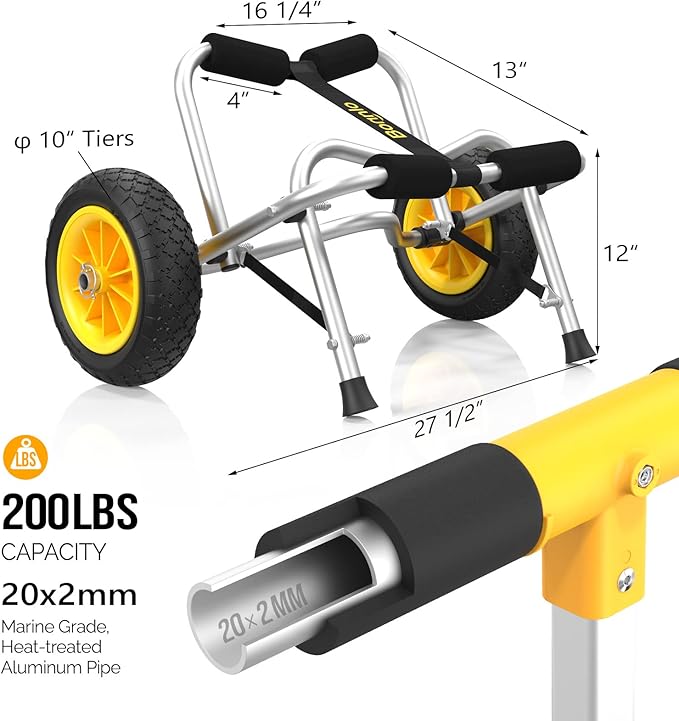 Bonnlo Boat Kayak Canoe Cart Carrier Dolly Trailer Tote Trolley Transport Kayak Accessories Large with 20x2mm Aluminum Pipe Double Kickstands, Inflation Free Solid Tire Wheels, 2 Ratchet Straps