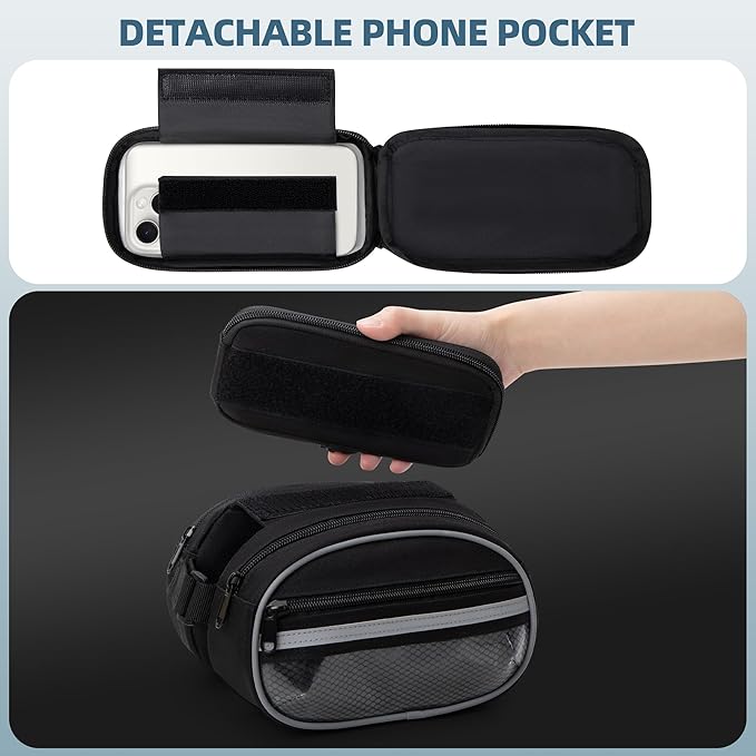Smasrob Bike Frame Bag with Detachable Touchscreen Phone Window, 4 Zipper Pockets, Bicycle Handlebar Bag with Night Reflective Strips, Black