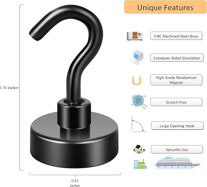 Neosmuk Magnetic Hooks, Heavy Duty 40lb+ Strong Magnet Hook for Cruise Cabins, Cruise Ship Essentials for Hanging, Metal Wall Refrigerator Hangers (Black, 10 Pack)