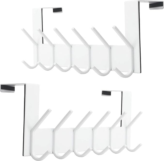 SKOLOO Over The Door Hook - for Doors up to 1-3/4'' Thickness, White, No Assembly Required, Stainless Steel, Door Coat Rack for Entryway & Bathroom Hanging Coats, Backpack, Robes, Towels, Pack of 2