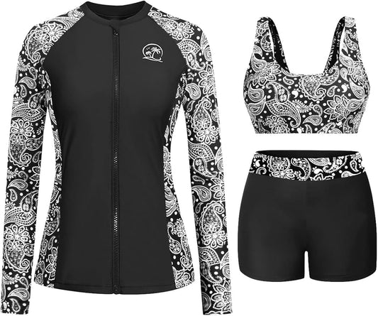 Holipick レディース長袖水着 - ショートパンツ、ジッパー、SPFスイムシャツ（ブラ内蔵）付きラッシュガード 3点セット