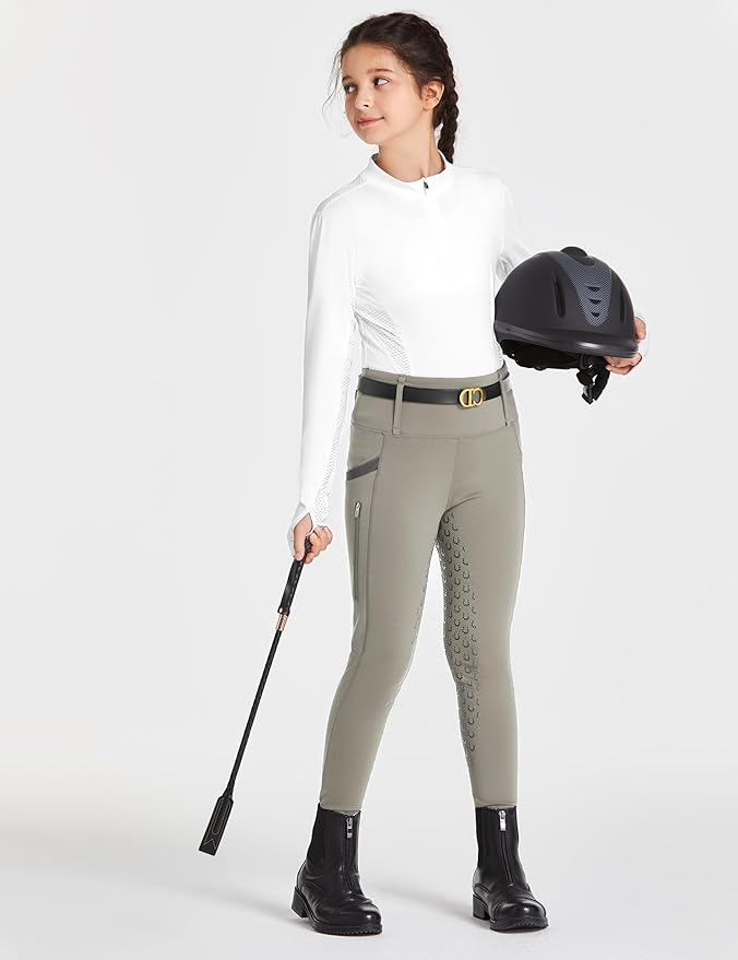 FitsT4 Sports Girls Riding Pants Full Seat High Waist Kids Equestrian Breeches Horse Schooling Tights Zipper Pockets
