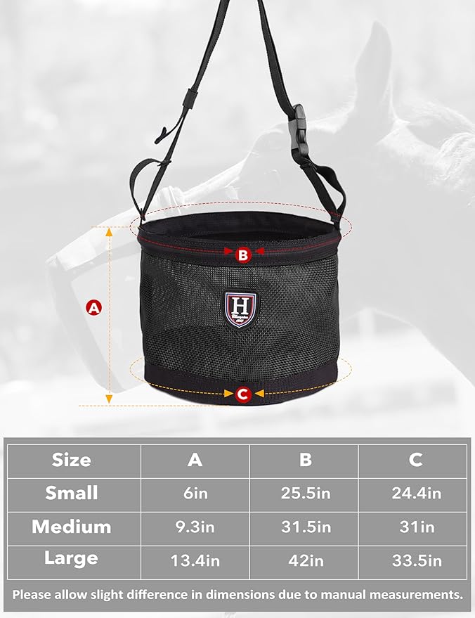 Harrison Howard Horse Muzzle Feed Bag Nylon Mesh Grain Feed Bag with Padded Neck Strap Adjustable Belt Black Large