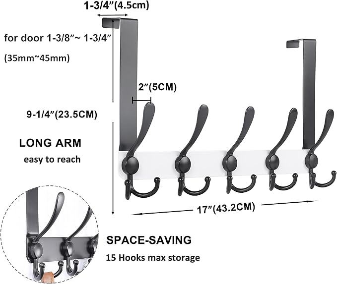 Dseap Over The Door Hook Hanger - Fits 1 3/8" to 1 3/4" Standard Doors | 5 Tri Hooks Heavy Duty Towel/Coat Rack | Door Organizer for Clothes, Jackets, Hats, Towels, White & Black
