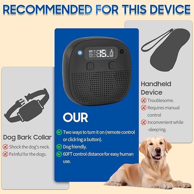 Tetra Ultrasonic Dog Bark Deterrent Devices, Rechargeable Anti Barking Device for Dogs with Sensor & 60ft Remote Control, Adjustable Bark Stopper Indoor Outdoor