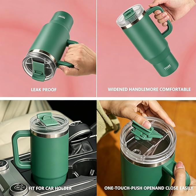 TYESO Vacuum Insulated Tumbler Water Bottle Cold Insulation Stainless Steel Bottle Straw Handle Mug Double Wall Wide Mouth (DARK GREEN, 40 oz)