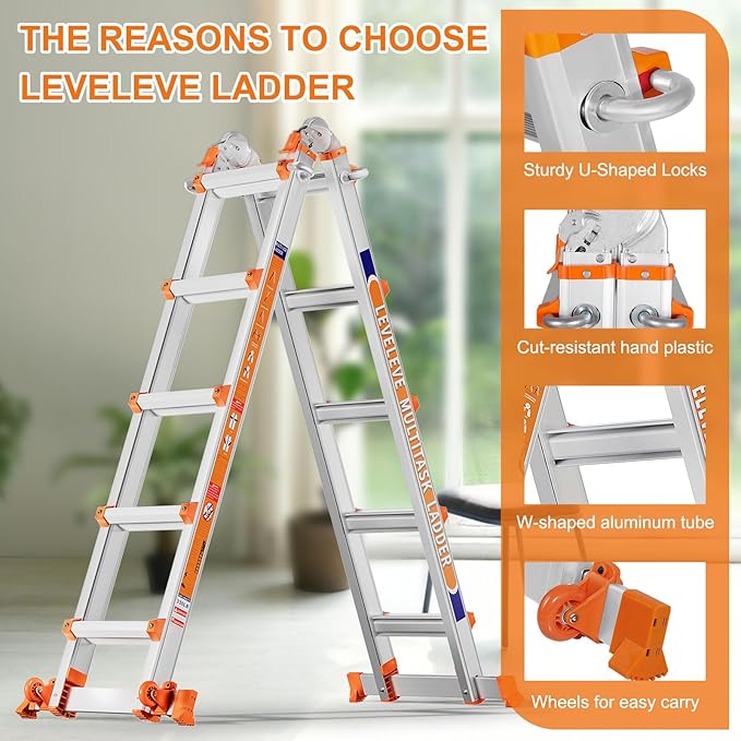 LEVELEVE 20FT Extension Ladder,A Frame 6 Step Ladder with Stabilizer Bar & Wheels,330 lbs Security Load Multi Position Ladder for Stairs Home Indoor Outdoor Roof