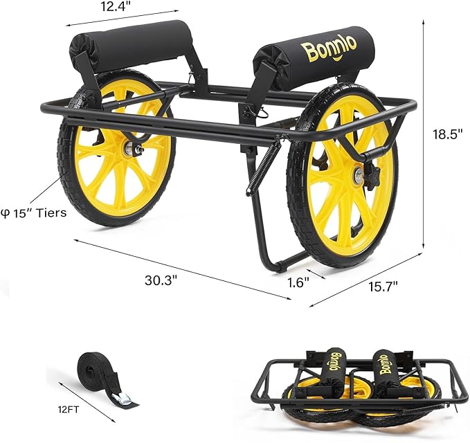 Bonnlo Canoe Kayak Cart, All-Terrain Trolley Carrier with 15" Large Solid Wheels, 330lbs Heavy Duty Transport Kayak Trolley, Adjustable 4 Postions (8.66"-19.69") to Fit Small Boats