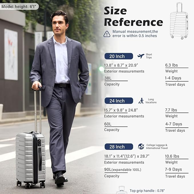 Coolife Medium Checked Luggage with Spinner Wheels, Hardside Suitcase TSA Lock Lightweight Travel Luggage 24-inch,Silver