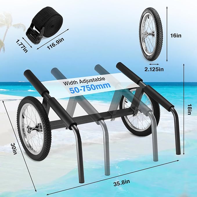 Kayak Beach Cart, SUP Cart,Width Adjustable Universal Canoe Dolly Heavy Duty Kayak Trolley with 16" Wheels, Sturdy 300 LBS Weight Capacity