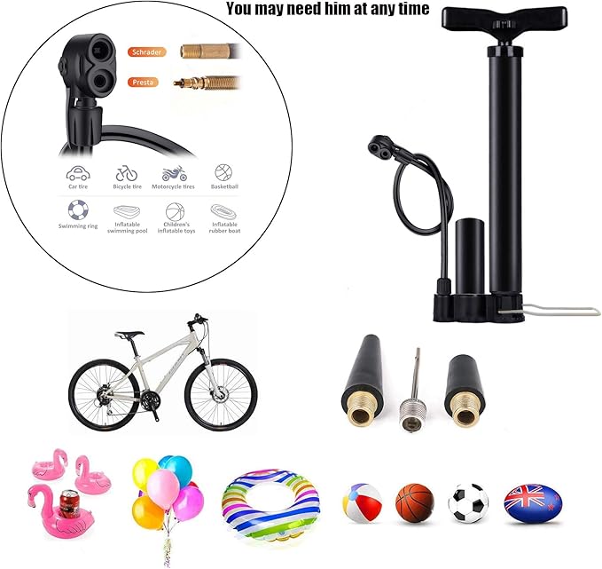 Bike Floor Pump, Bicycle Pump with Dual Presta & Schrader Valve Head, High Pressure Bicycle Tire Inflator, Portable Hand Air Pump for Road & Mountain Bikes, Strollers and Balls
