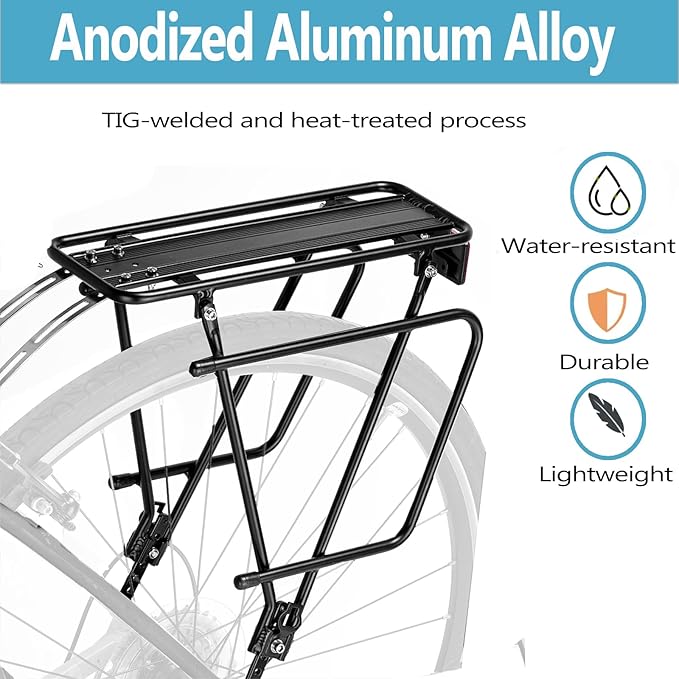 Rear Bike Rack,Bike Cargo Rack,Bicycle Pannier Rack with Reflector and Cargo Net,Height Adjustable Fit 26”-29” and 700c Bike with Non-disc Brake,BCR04