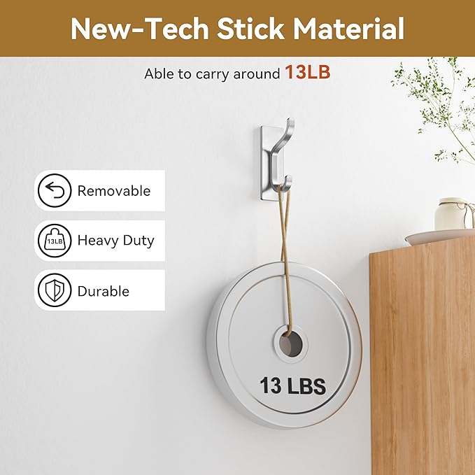 pickpiff タオル掛け用粘着フック - 高耐久粘着フック、最大13ポンドまで強力固定、コート、バッグ、財布用ハンガー、ドア、クローゼット、浴室に最適、つや消しシルバー、4個パック