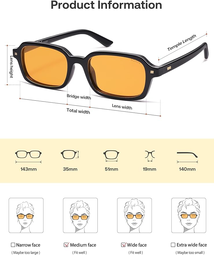SOJOS Trendy Rectangle Polarized Sunglasses Womens Mens, Small Retro Fashion Thin Slim Square Sunnies SJ2610