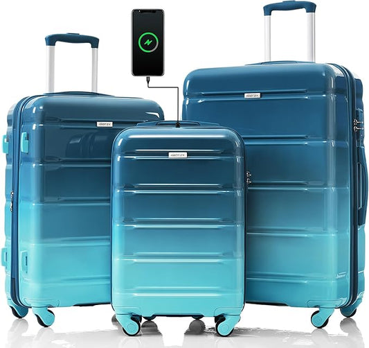 Luggage Sets, ABS Hardshell Suitcase Spinner Wheels with USB Port TSA Lock